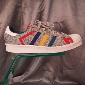 Adidas Gray Sneakers with Red, Yellow, and Blue Stripes